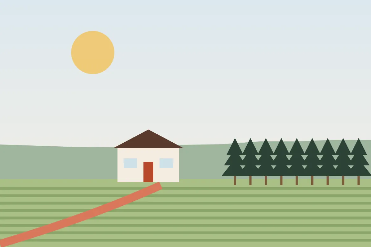 Flat fields and pine woods with a tractor path and a farmhouse