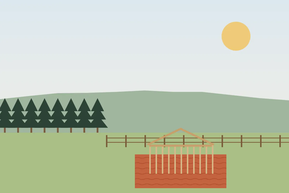 Pines and pasture fencing along a country road with a new house going up