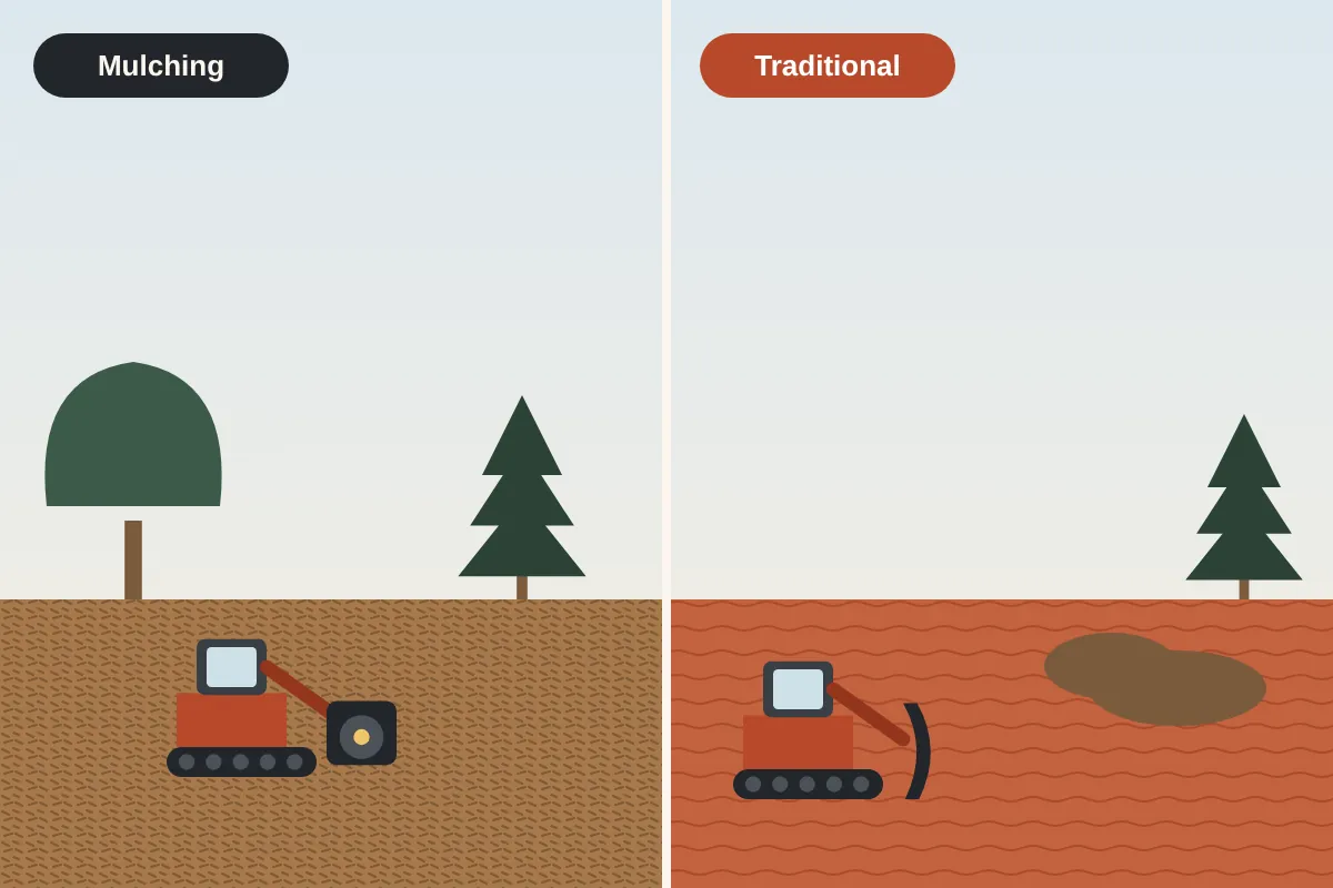 Two halves: a mulched clearing with trees kept on one side, bare graded clay with a stump pile on the other