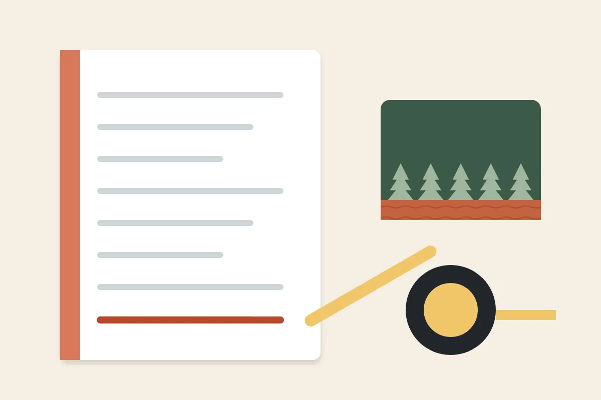 A notebook estimate with a pencil, a tape measure and a small model of a wooded lot