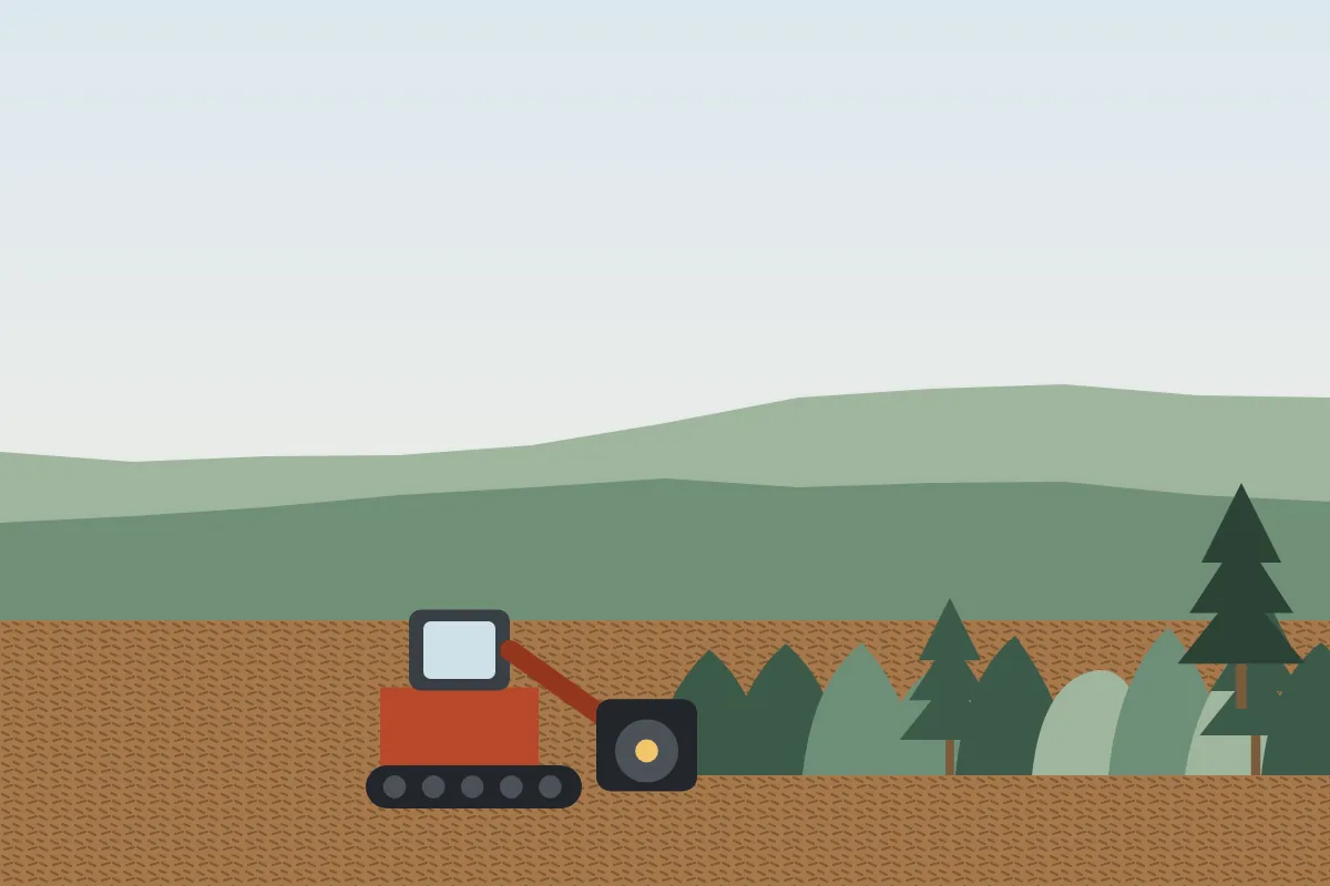 A compact track loader with a mulching head shredding pine saplings into mulch