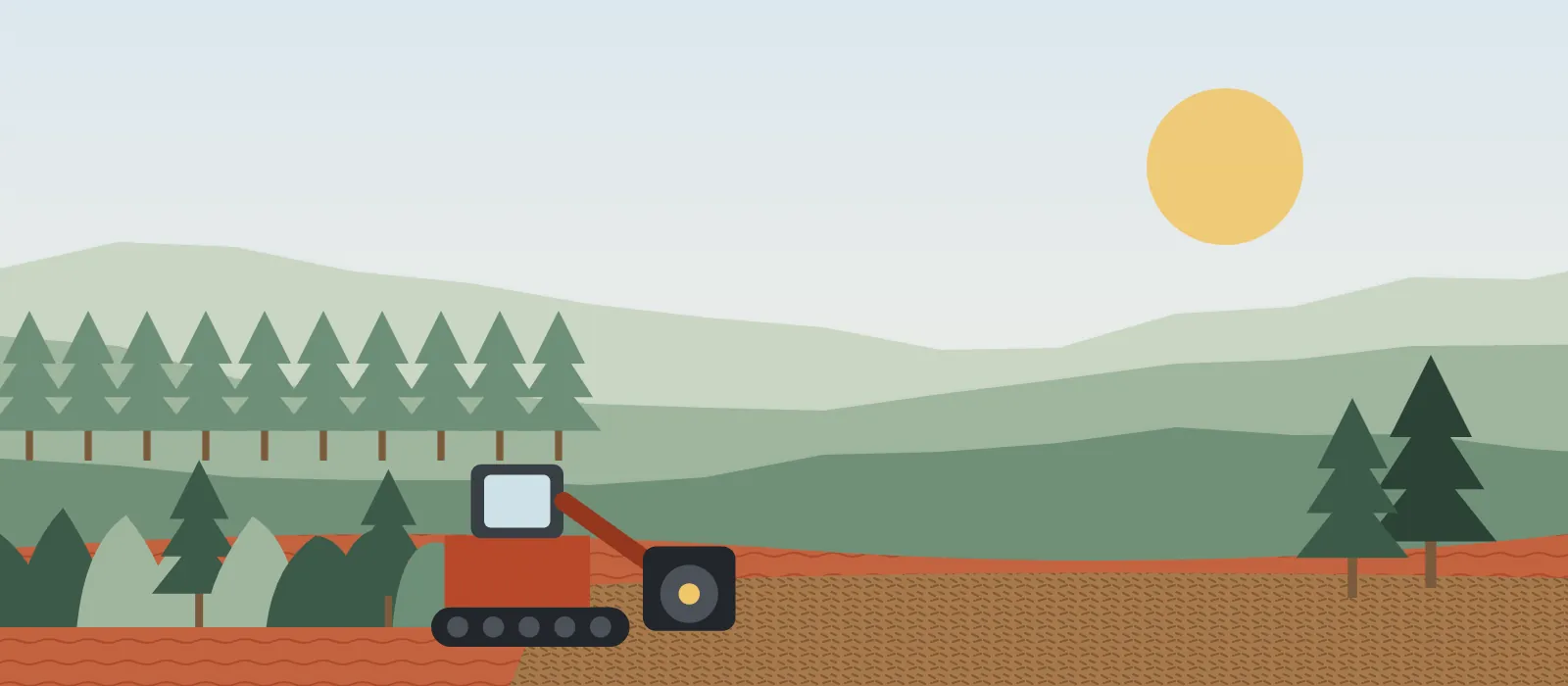 Rolling Piedmont woods with a forestry mulcher opening a clearing on red clay ground