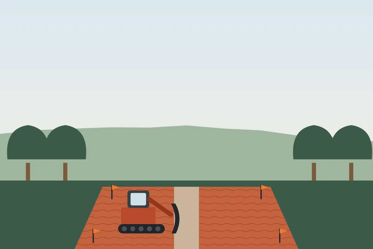 A wooded lot with orange flagging around a house footprint and a cleared driveway path